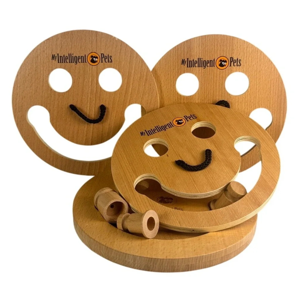 My Intelligent‎ Pets Wooden Interactive Dog Puzzle Toy Smiley Face Treat Game